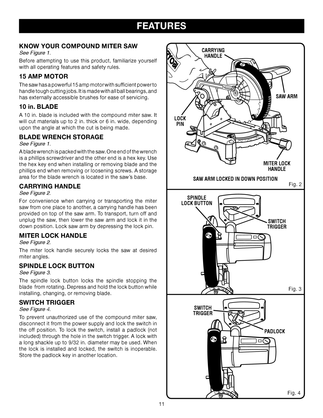 Ryobi TS1353DXL manual Know Your Compound Miter SAW, AMP Motor, Blade Wrench Storage, Carrying Handle, Miter Lock Handle 