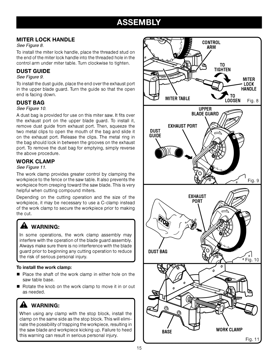 Ryobi TS1353DXL manual Dust Guide, Dust BAG, Work Clamp, To install the work clamp, Loosen Fig 