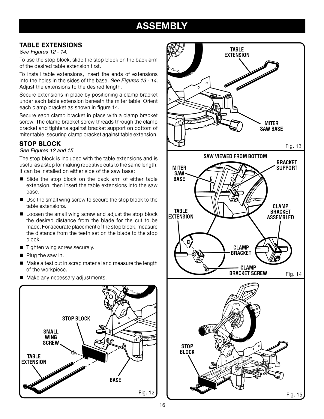 Ryobi TS1353DXL manual Table Extensions, Stop Block, See Figures 12, Miter SAW Base 