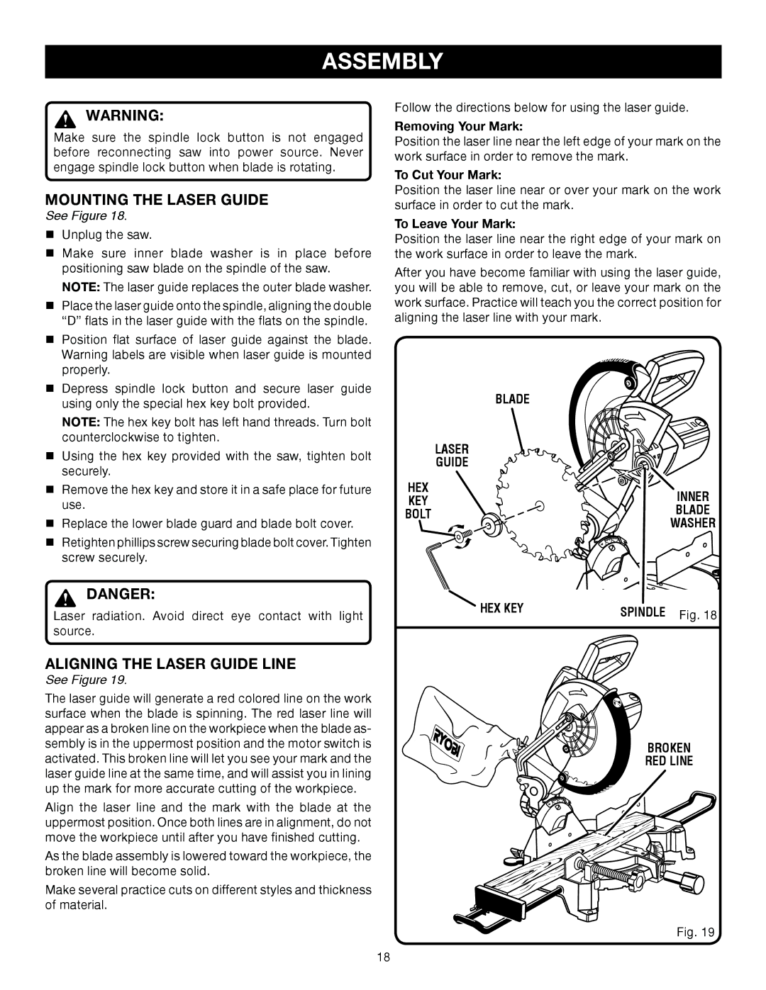 Ryobi TS1353DXL manual Mounting the Laser Guide, Aligning the Laser Guide Line 