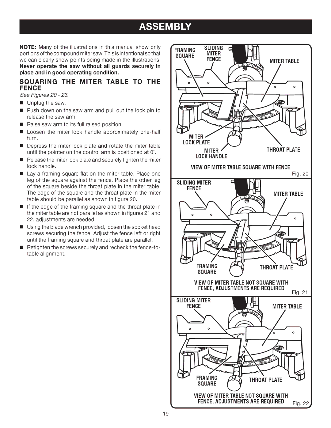 Ryobi TS1353DXL manual Squaring the Miter Table to the Fence, See Figures 20 