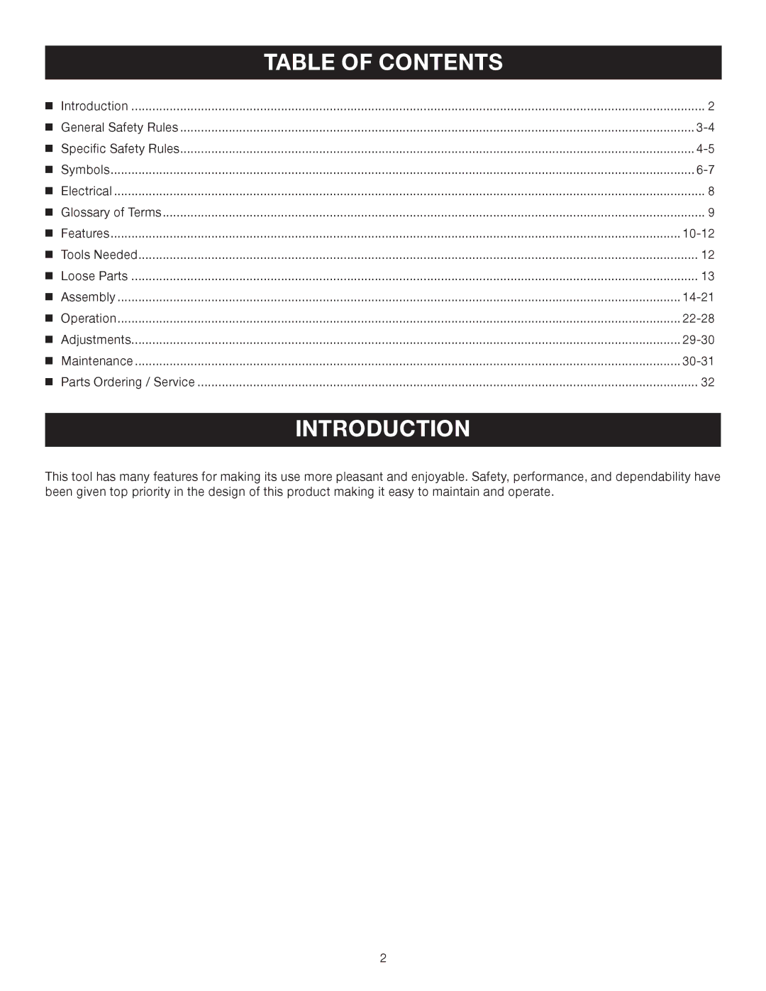 Ryobi TS1353DXL manual Introduction, Table of Contents 