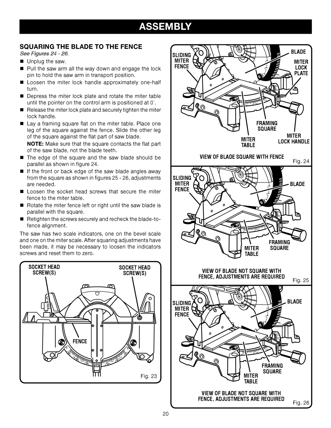 Ryobi TS1353DXL manual Squaring the Blade to the Fence, See Figures 24 