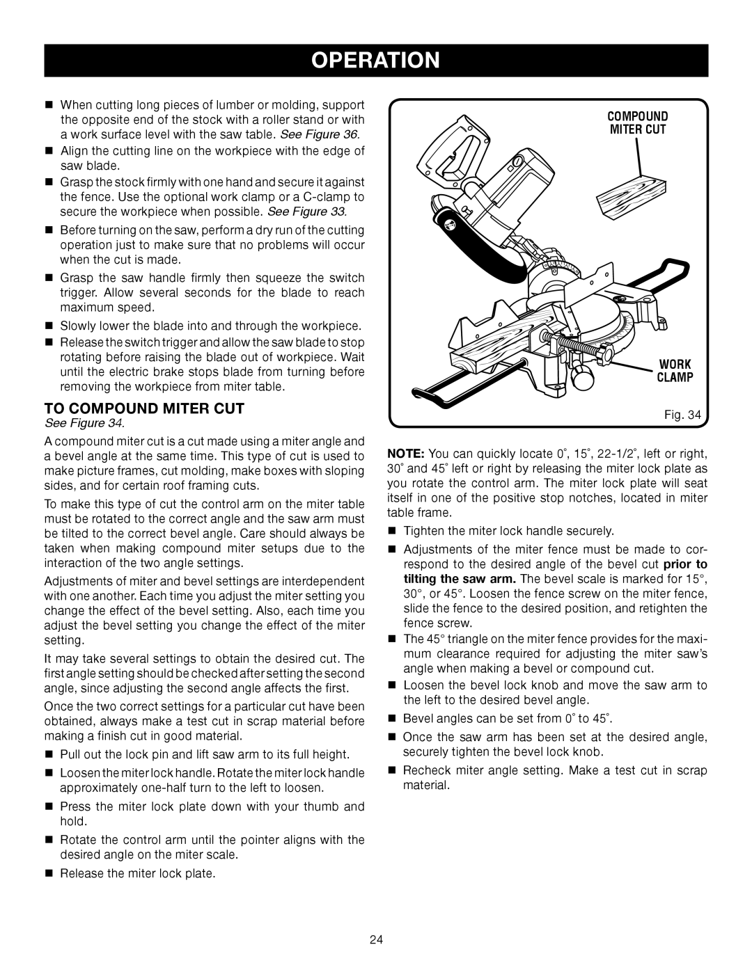 Ryobi TS1353DXL manual To Compound Miter CUT, Compound Miter CUT Work Clamp 