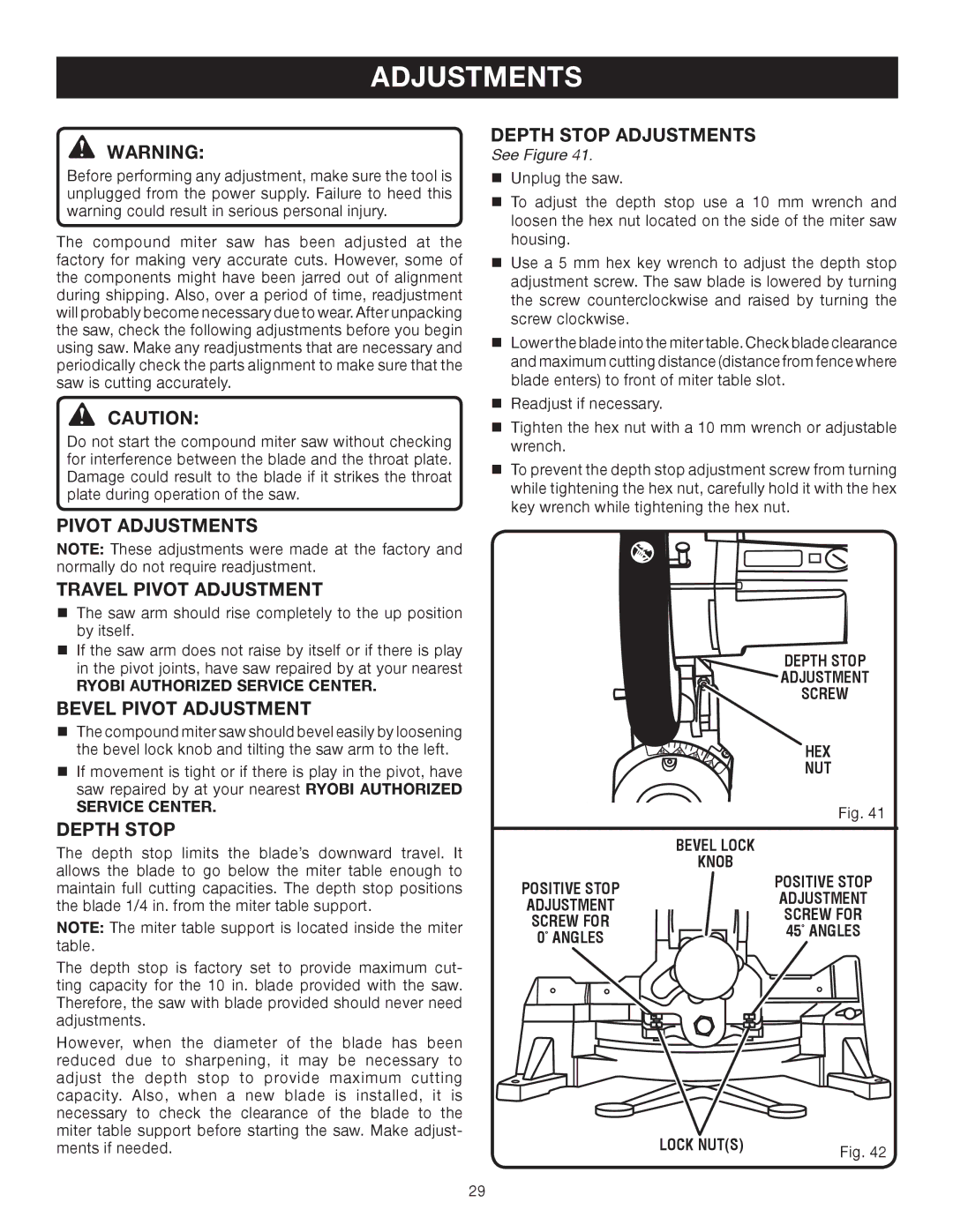 Ryobi TS1353DXL manual Pivot Adjustments Travel Pivot Adjustment, Bevel Pivot Adjustment, Depth Stop Adjustments 