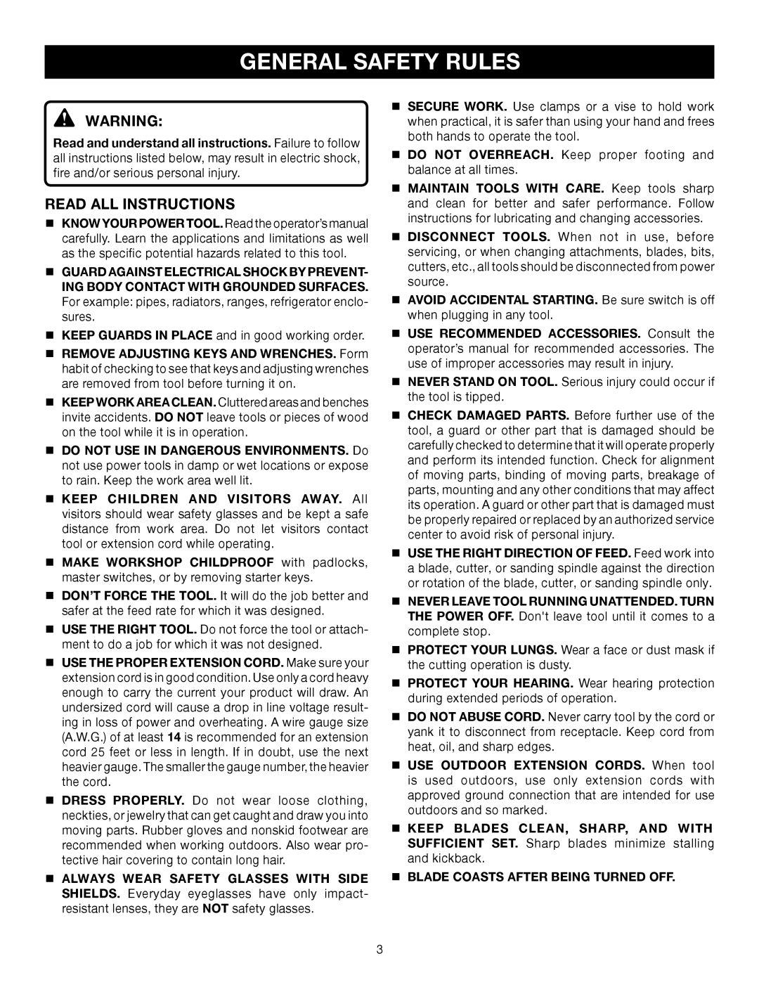 Ryobi TS1353DXL manual General Safety Rules, Read ALL Instructions 