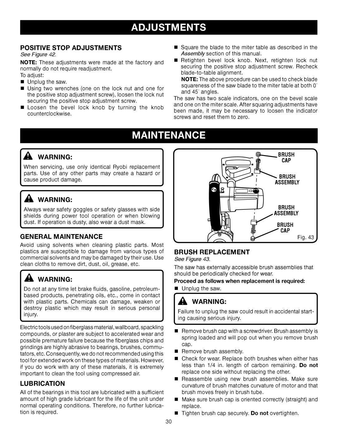 Ryobi TS1353DXL manual Positive Stop Adjustments, General Maintenance, Lubrication, Brush Replacement 