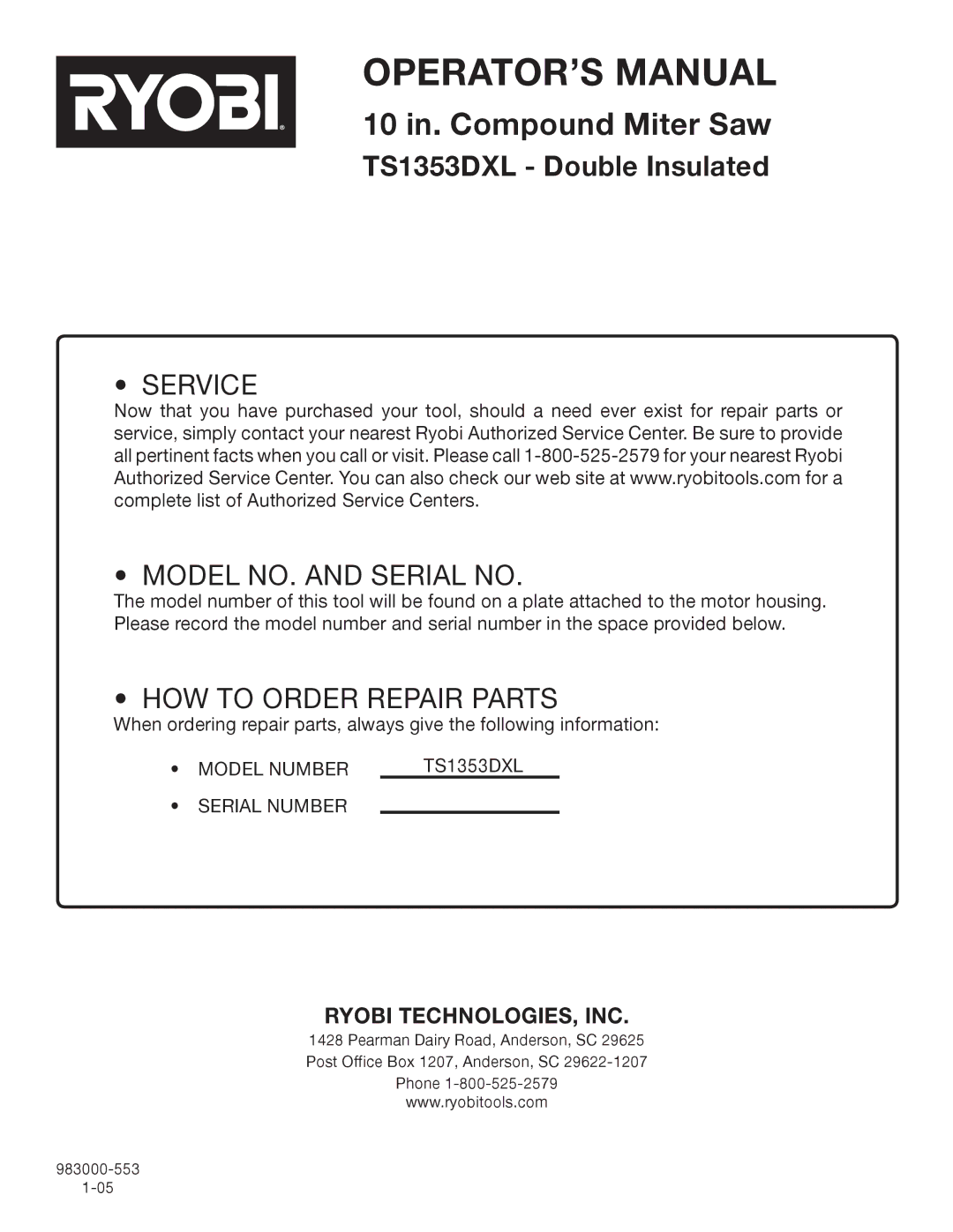 Ryobi TS1353DXL manual Service Model NO. and Serial no 