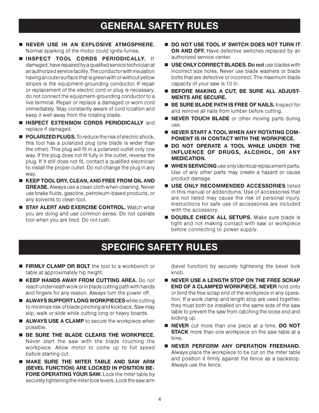 Ryobi TS1353DXL manual Specific Safety Rules 