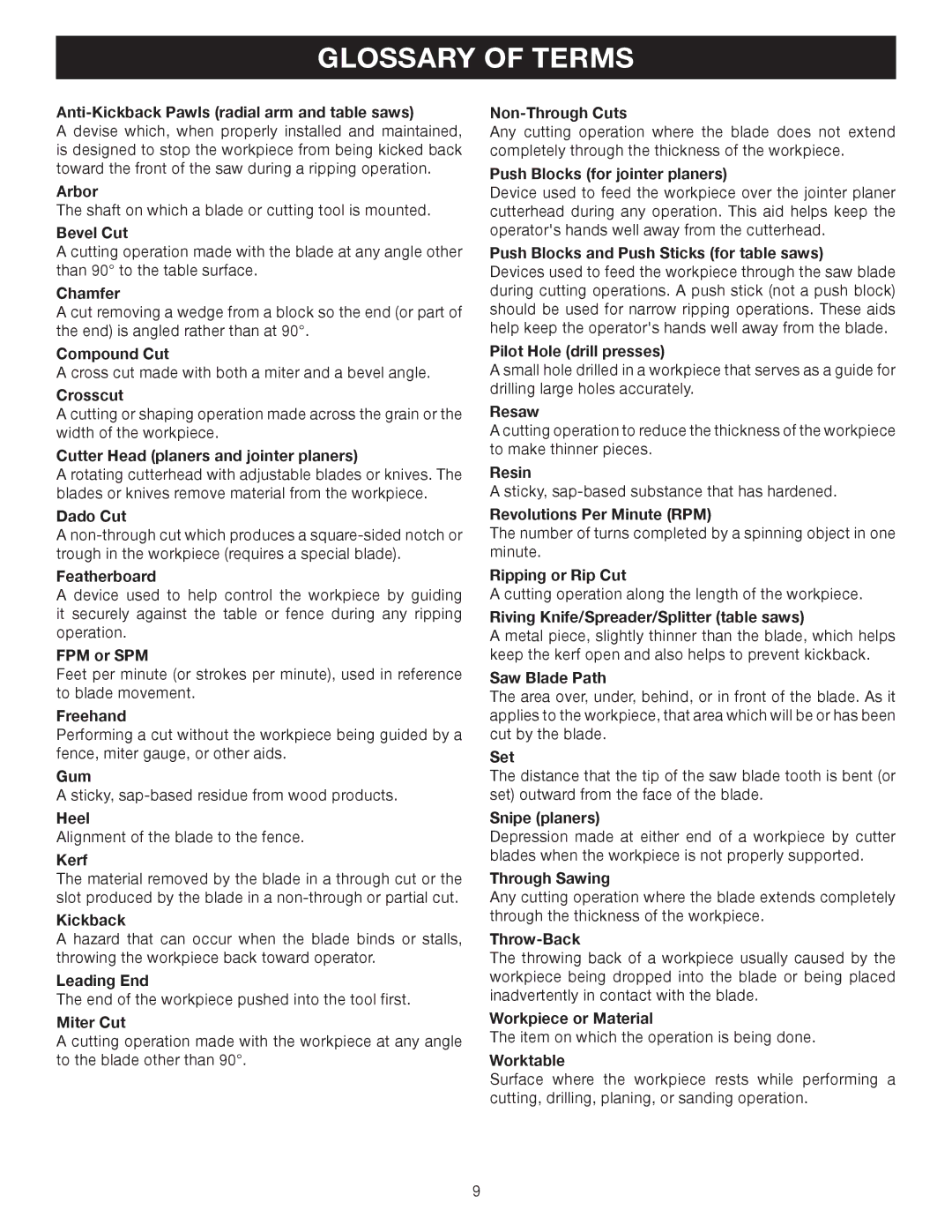 Ryobi TS1353DXL manual Glossary of Terms 