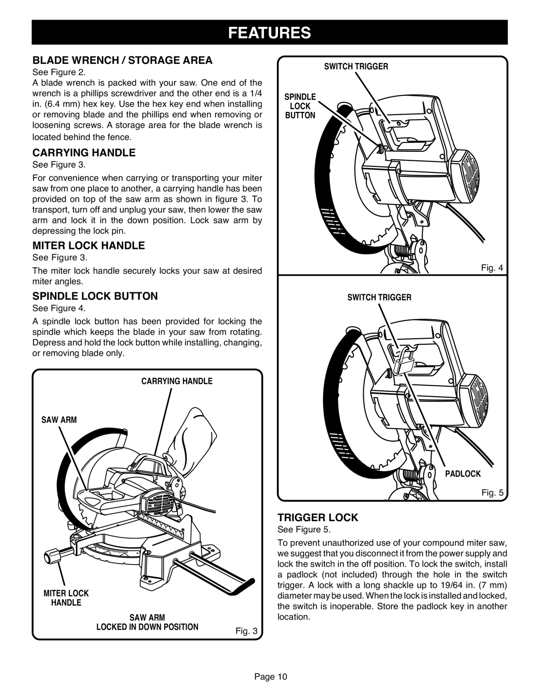 Ryobi TS1551 manual Blade Wrench / Storage Area, Carrying Handle, Miter Lock Handle, Spindle Lock Button, Trigger Lock 