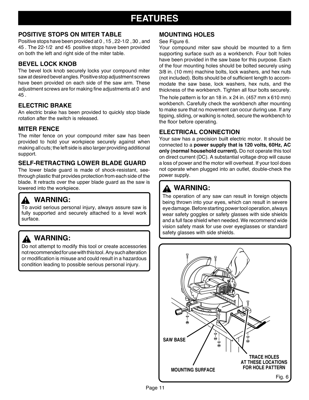 Ryobi TS1551 manual Positive Stops on Miter Table, Bevel Lock Knob, Electric Brake, Miter Fence, Mounting Holes 