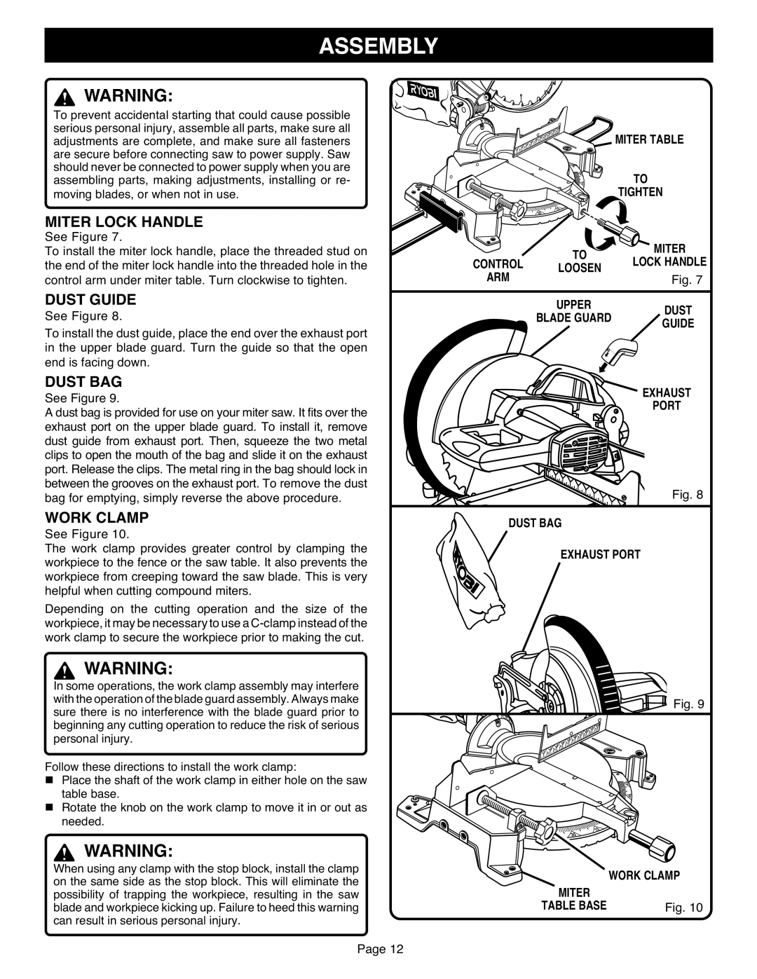 Ryobi TS1551 manual Assembly, Dust Guide, Dust BAG, Work Clamp 