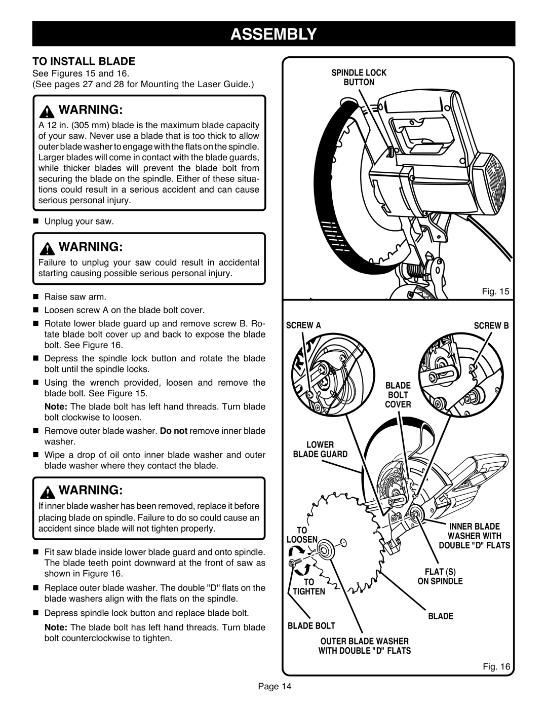 Ryobi TS1551 manual To Install Blade 