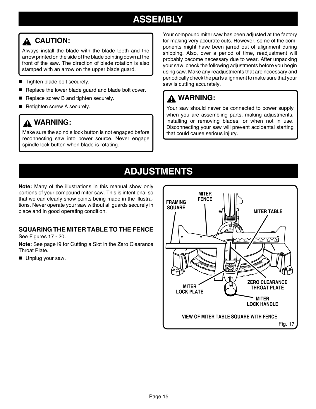 Ryobi TS1551 manual Adjustments, Squaring the Miter Table to the Fence, See Figures 17 