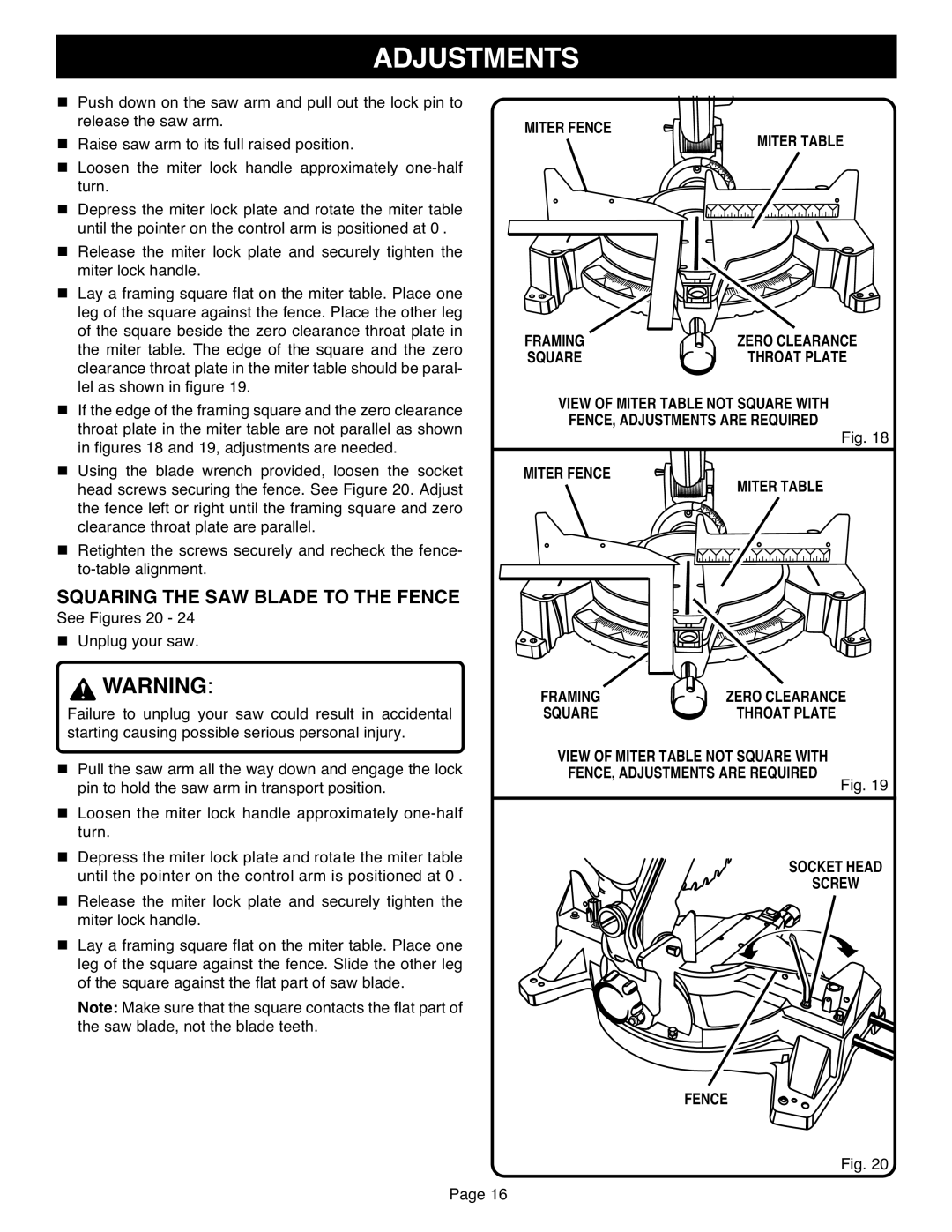 Ryobi TS1551 manual Squaring the SAW Blade to the Fence, See Figures 20, Miter Fence Miter Table 