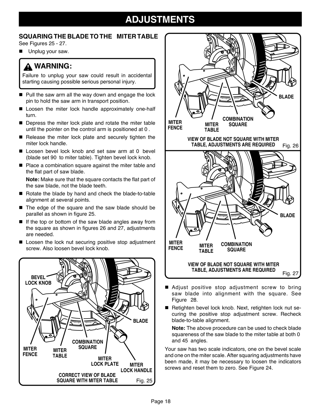 Ryobi TS1551 manual Squaring the Blade to the Miter Table, See Figures 25, Bevel Lock Knob Blade, Blade Miter 