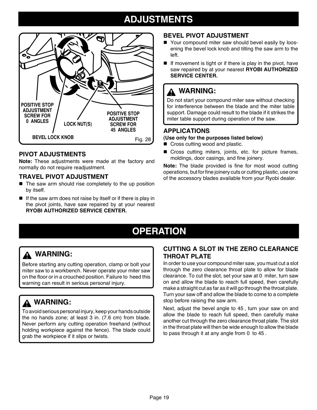 Ryobi TS1551 manual Operation, Pivot Adjustments Travel Pivot Adjustment, Bevel Pivot Adjustment, Applications 