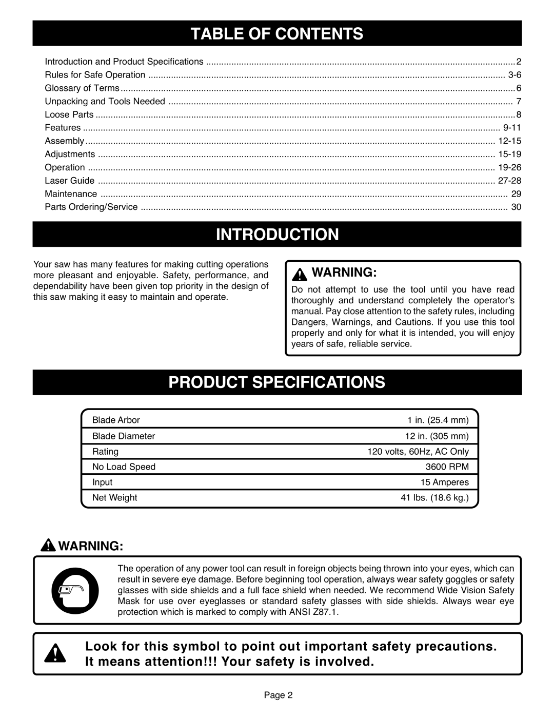 Ryobi TS1551 manual Table of Contents, Introduction, Product Specifications 