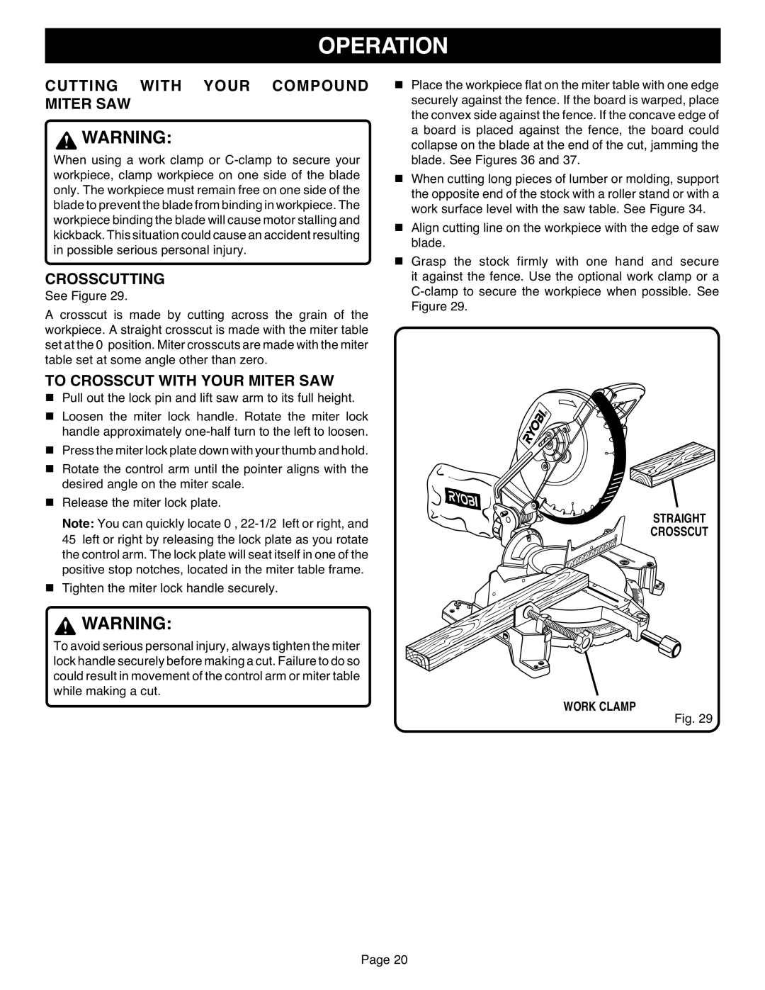 Ryobi TS1551 manual Cutting with Your Compound Miter SAW, Crosscutting, To Crosscut with Your Miter SAW 