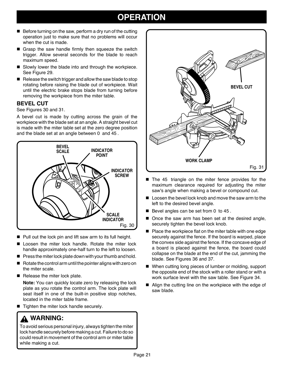 Ryobi TS1551 manual See Figures 30, Bevel CUT Work Clamp 