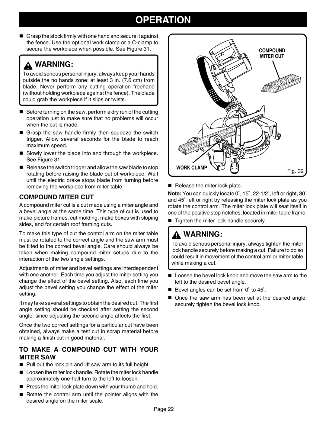 Ryobi TS1551 manual To Make a Compound CUT with Your Miter SAW, Compound Miter CUT Work Clamp 