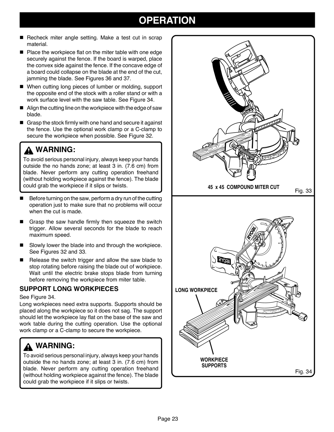 Ryobi TS1551 manual Support Long Workpieces, Long Workpiece Supports 