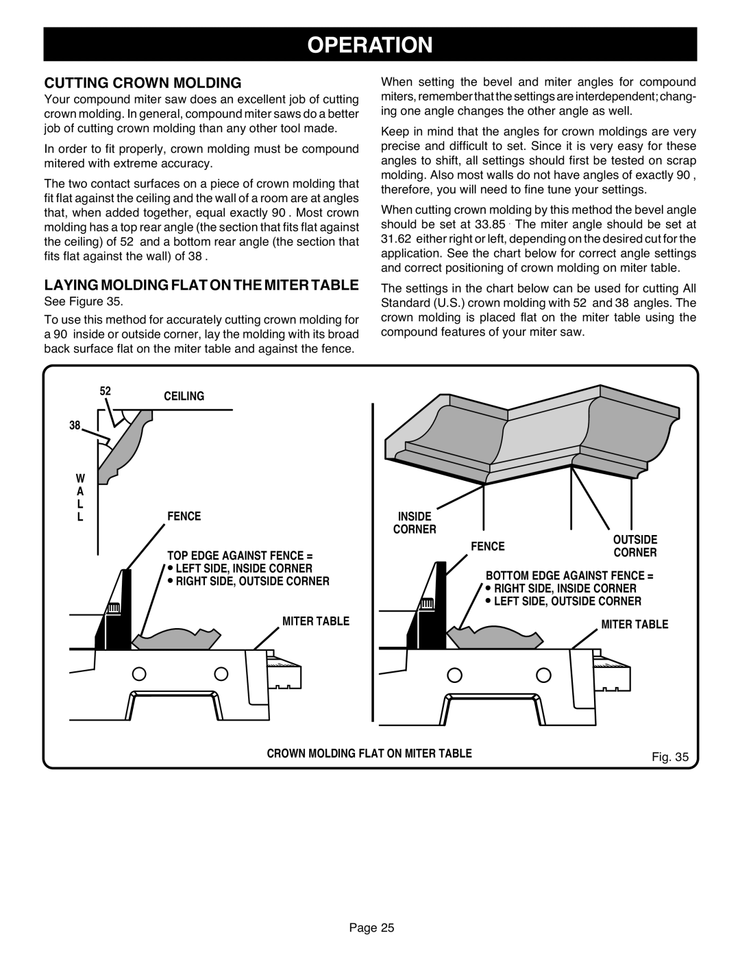 Ryobi TS1551 manual Cutting Crown Molding, Laying Molding Flat on the Miter Table 