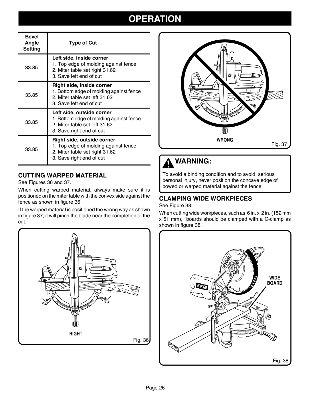 Ryobi TS1551 manual Cutting Warped Material, Clamping Wide Workpieces, See Figures 36, Right Wrong, Wide Board 