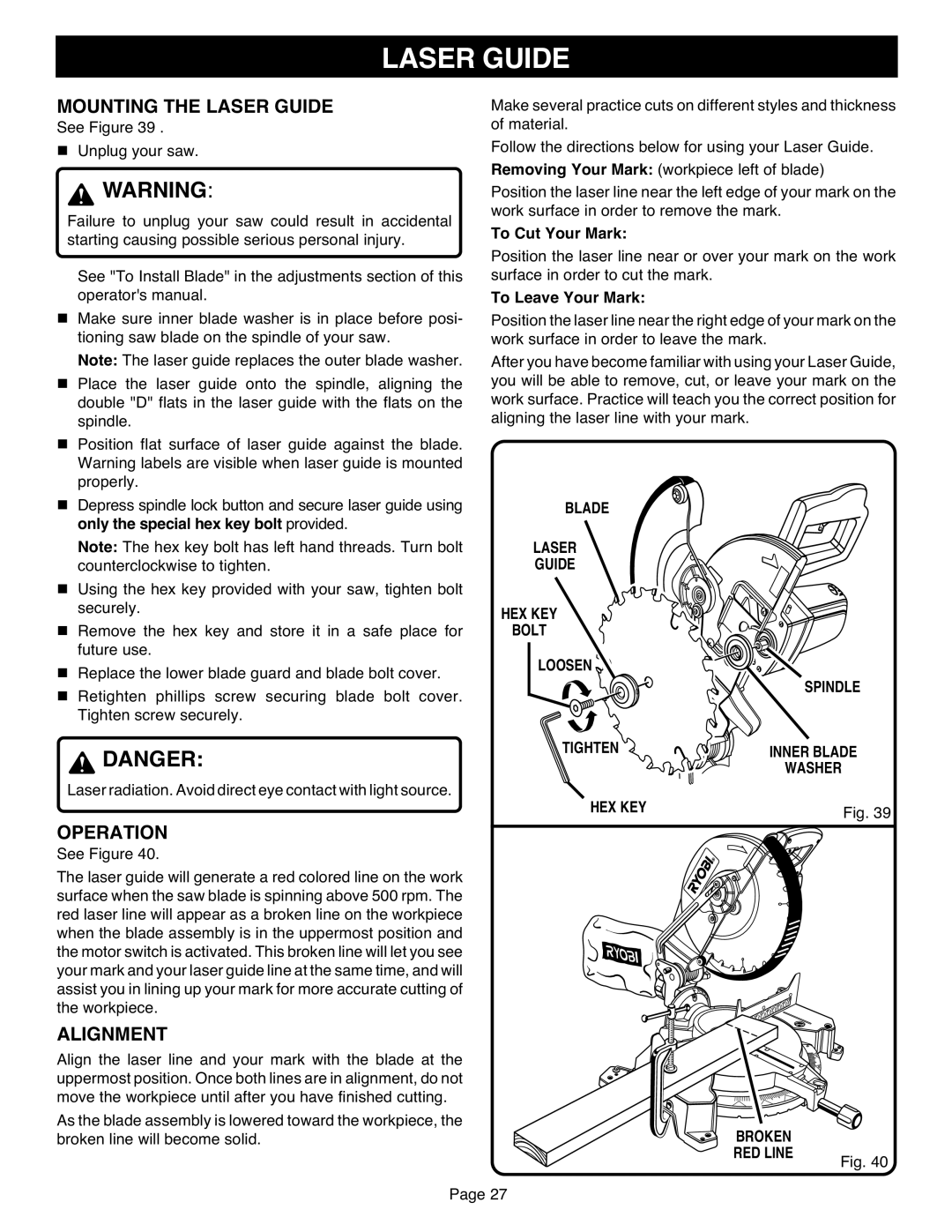 Ryobi TS1551 manual Mounting the Laser Guide, Alignment, Blade Laser Guide, Broken RED Line 