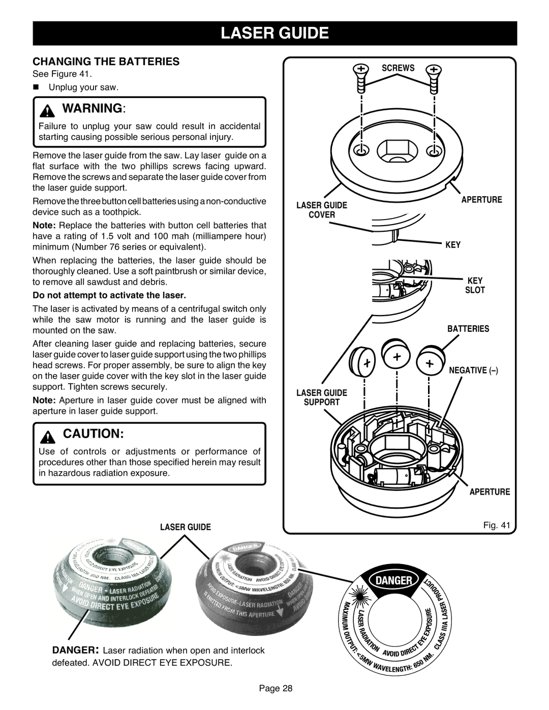 Ryobi TS1551 manual Changing the Batteries, Laser Guide Cover Screws Aperture 