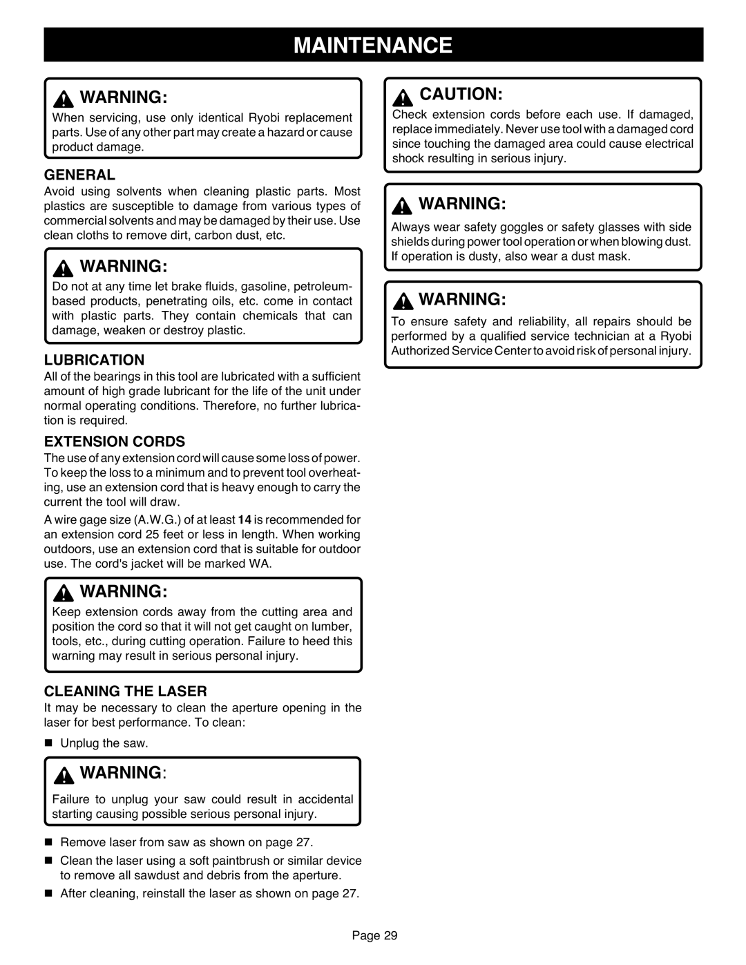 Ryobi TS1551 manual Maintenance, General, Lubrication, Extension Cords, Cleaning the Laser 