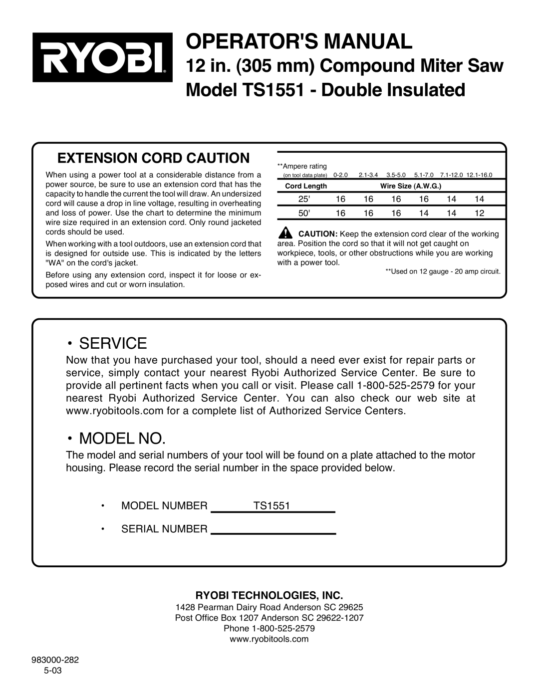 Ryobi TS1551 manual Extension Cord Caution, Ryobi TECHNOLOGIES, INC 