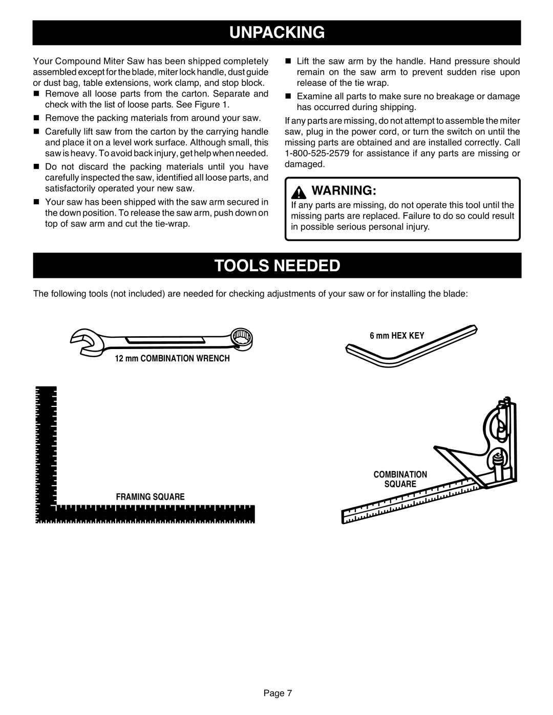 Ryobi TS1551 manual Unpacking, Tools Needed, Combination Square Framing Square 