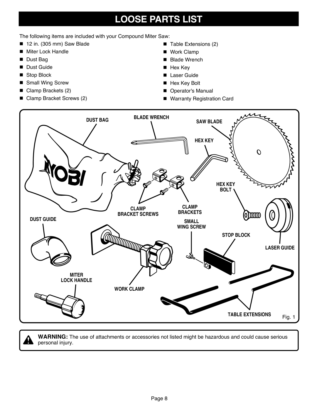 Ryobi TS1551 manual Loose Parts List, Dust BAG Blade Wrench, Hex Key, HEX KEY Bolt, Dust Guide 