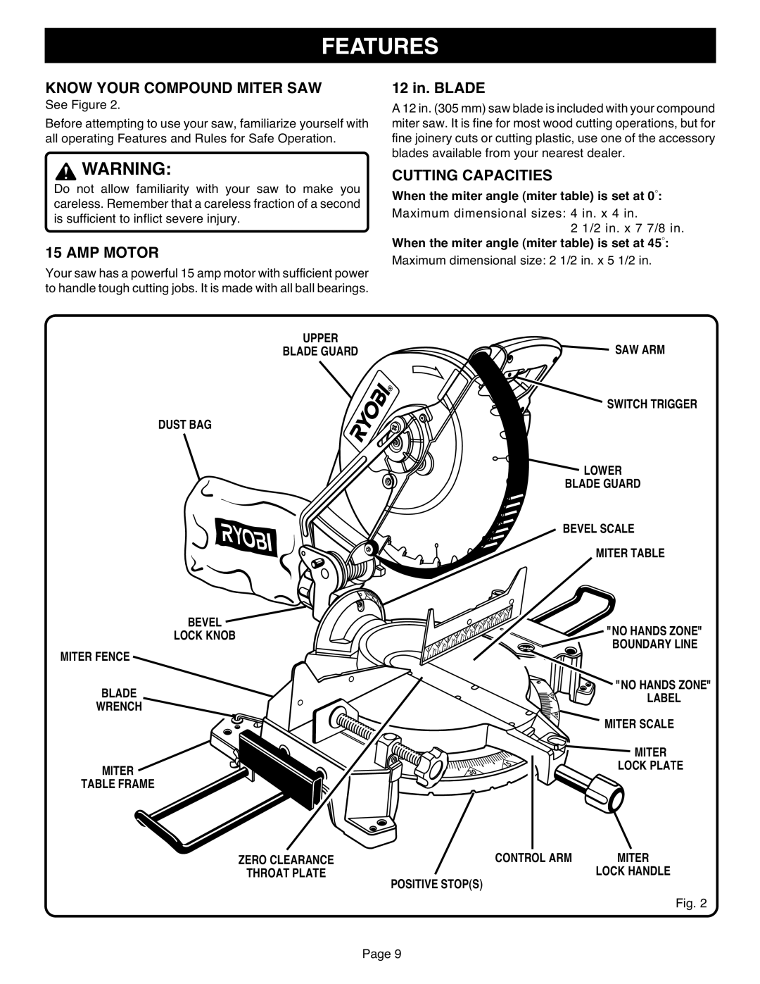 Ryobi TS1551 manual Features, Know Your Compound Miter SAW, AMP Motor, Cutting Capacities 