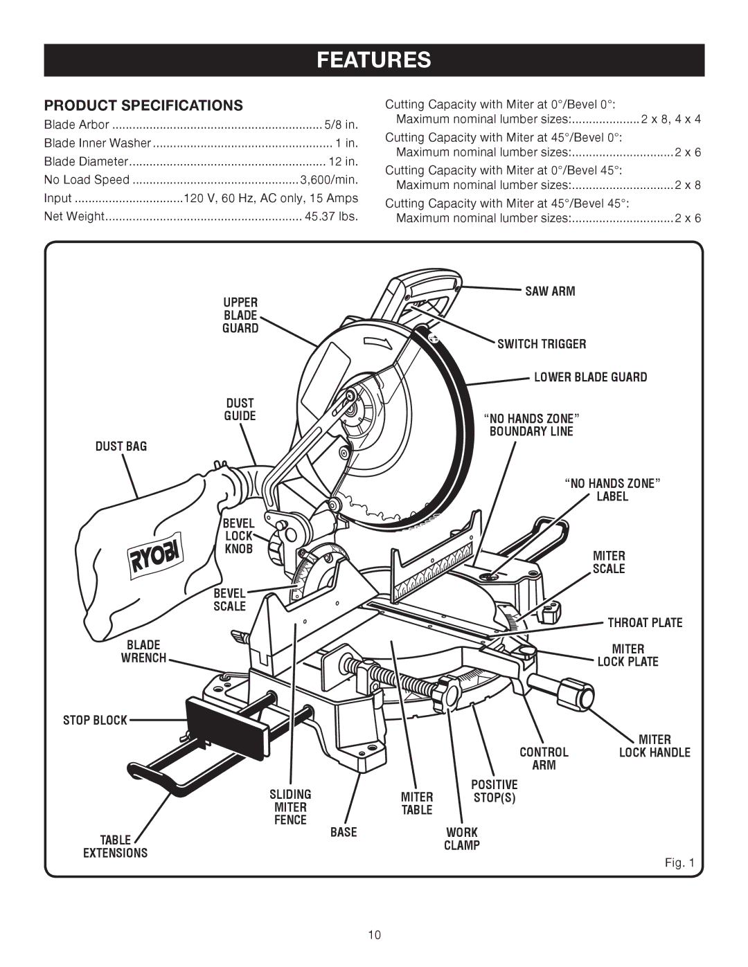 Ryobi TS1552DXL manual Features, Product Specifications, Lock Plate, Miter Control Lock Handle ARM, Base 