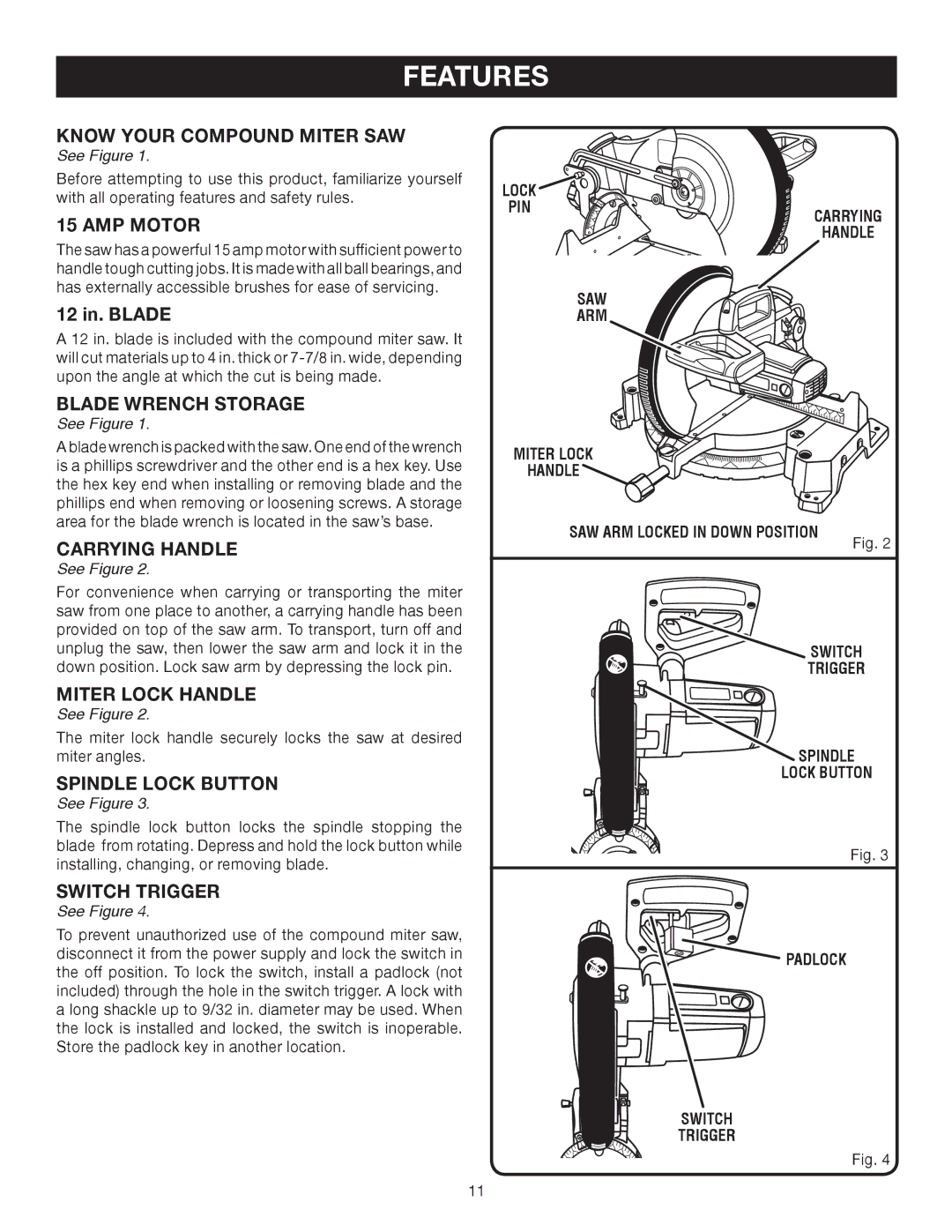 Ryobi TS1552DXL manual Know Your Compound Miter SAW, AMP Motor, Blade Wrench Storage, Carrying Handle, Miter Lock Handle 