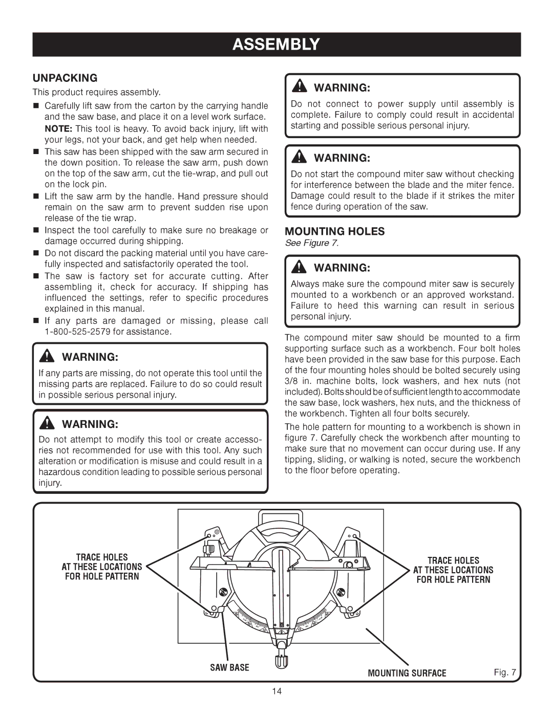 Ryobi TS1552DXL manual Assembly, Unpacking, Mounting Holes, Trace Holes, SAW Base Mounting Surface 