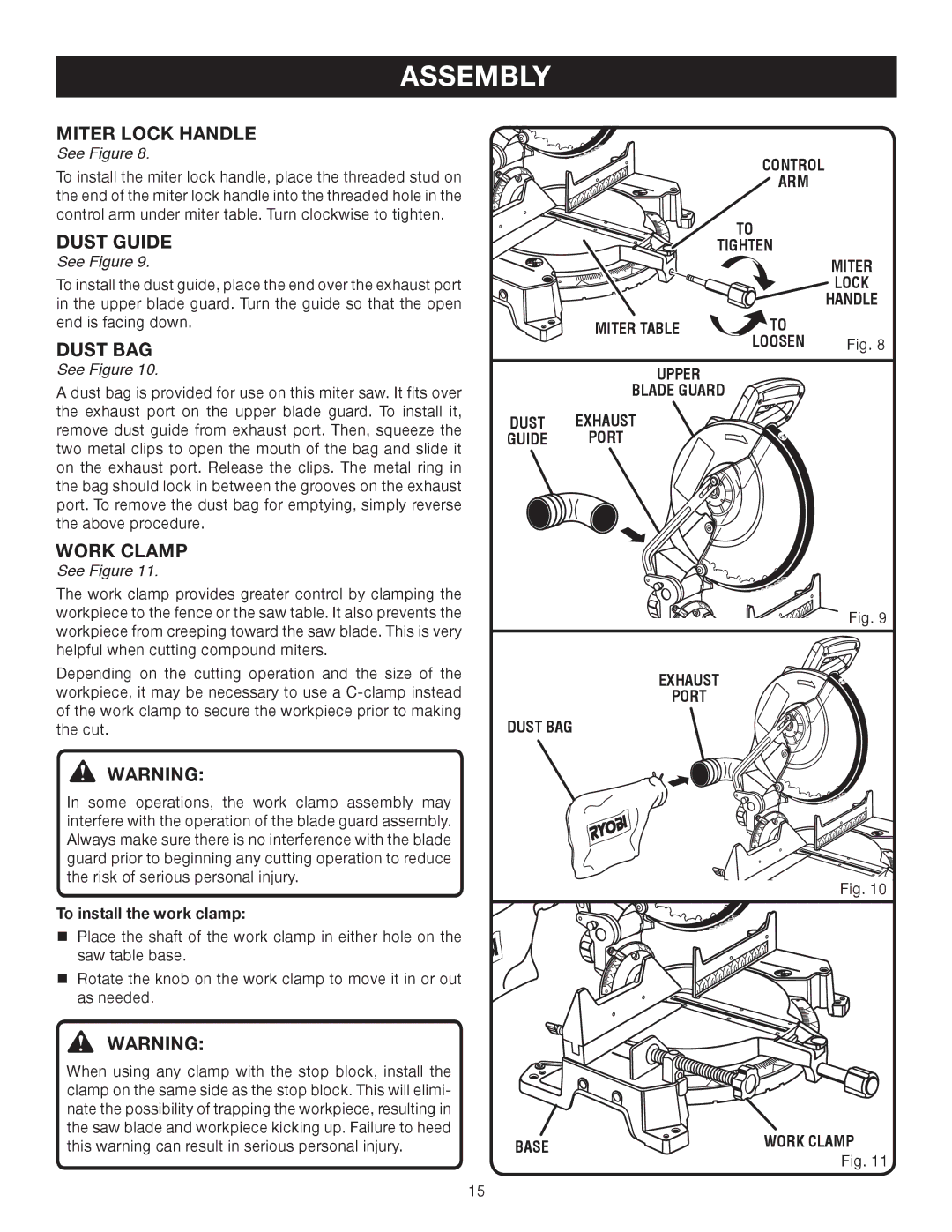 Ryobi TS1552DXL manual Dust Guide, Dust BAG, Work Clamp, To install the work clamp 