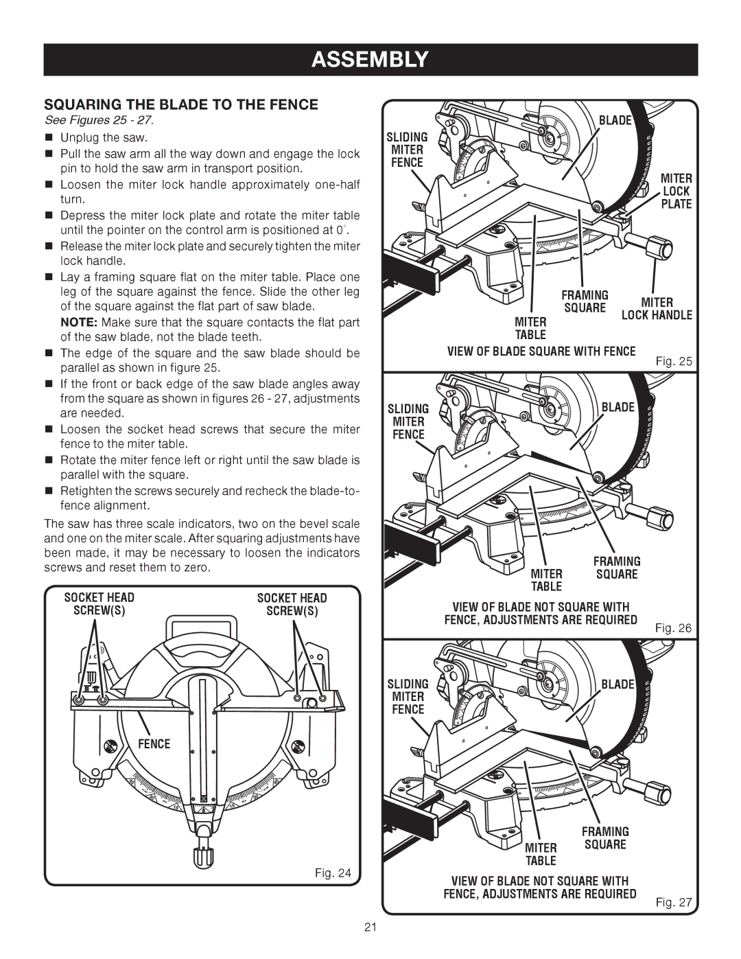 Ryobi TS1552DXL manual Squaring the Blade to the Fence, See Figures 25 