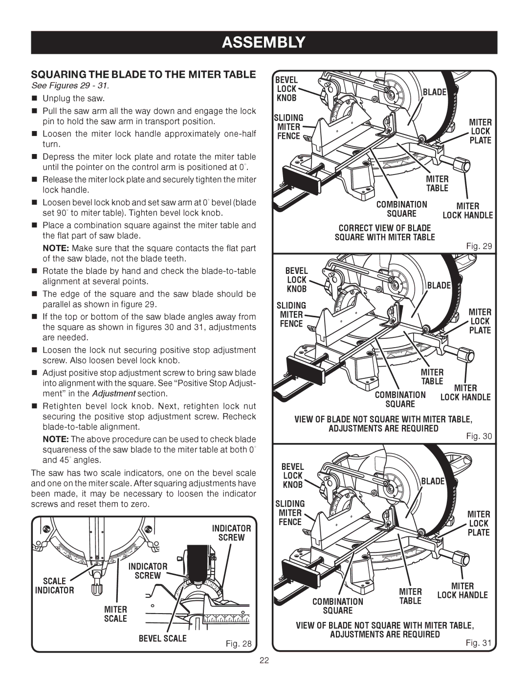 Ryobi TS1552DXL manual Squaring the Blade to the Miter Table, See Figures 29 