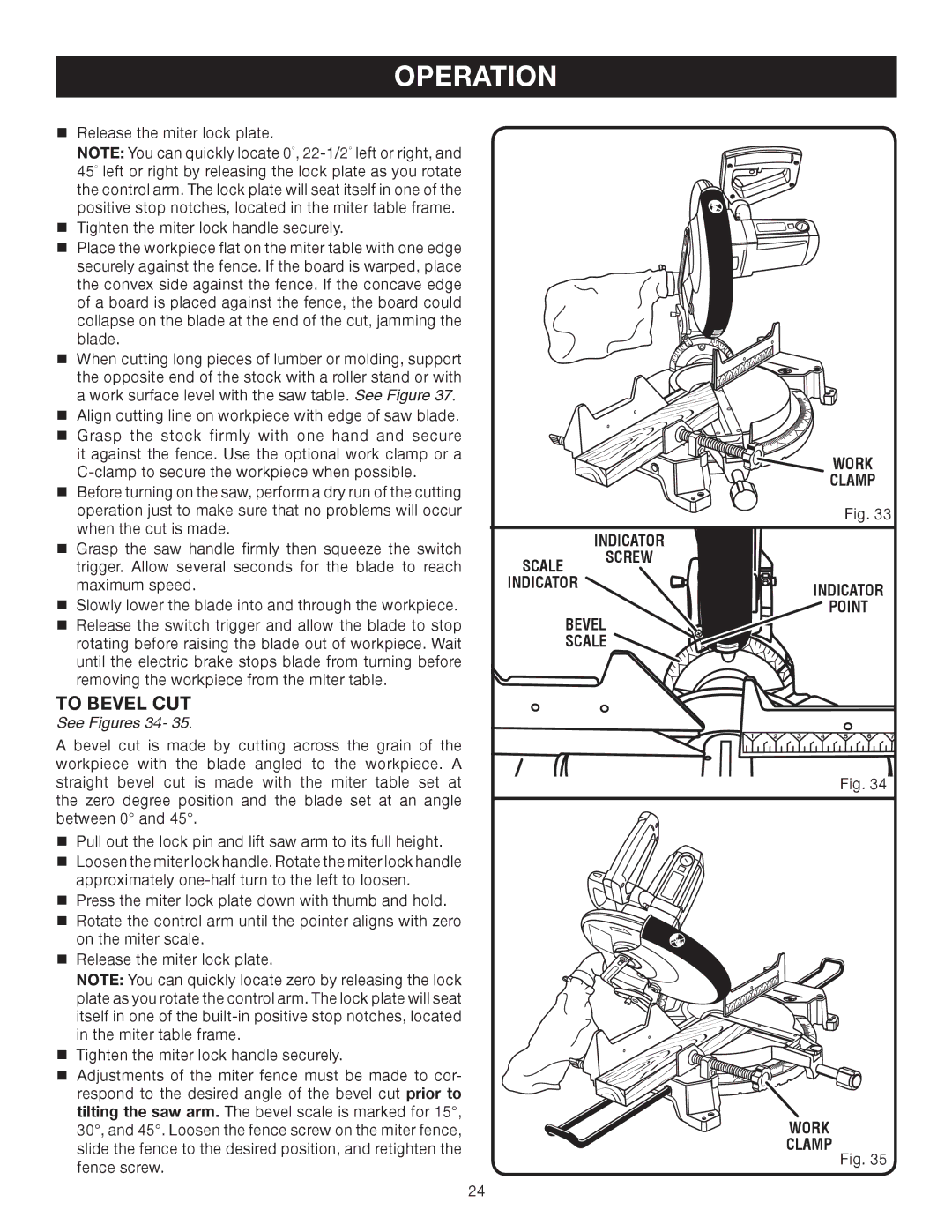 Ryobi TS1552DXL manual To Bevel CUT, See Figures 34, Bevel Point Scale Work Clamp 