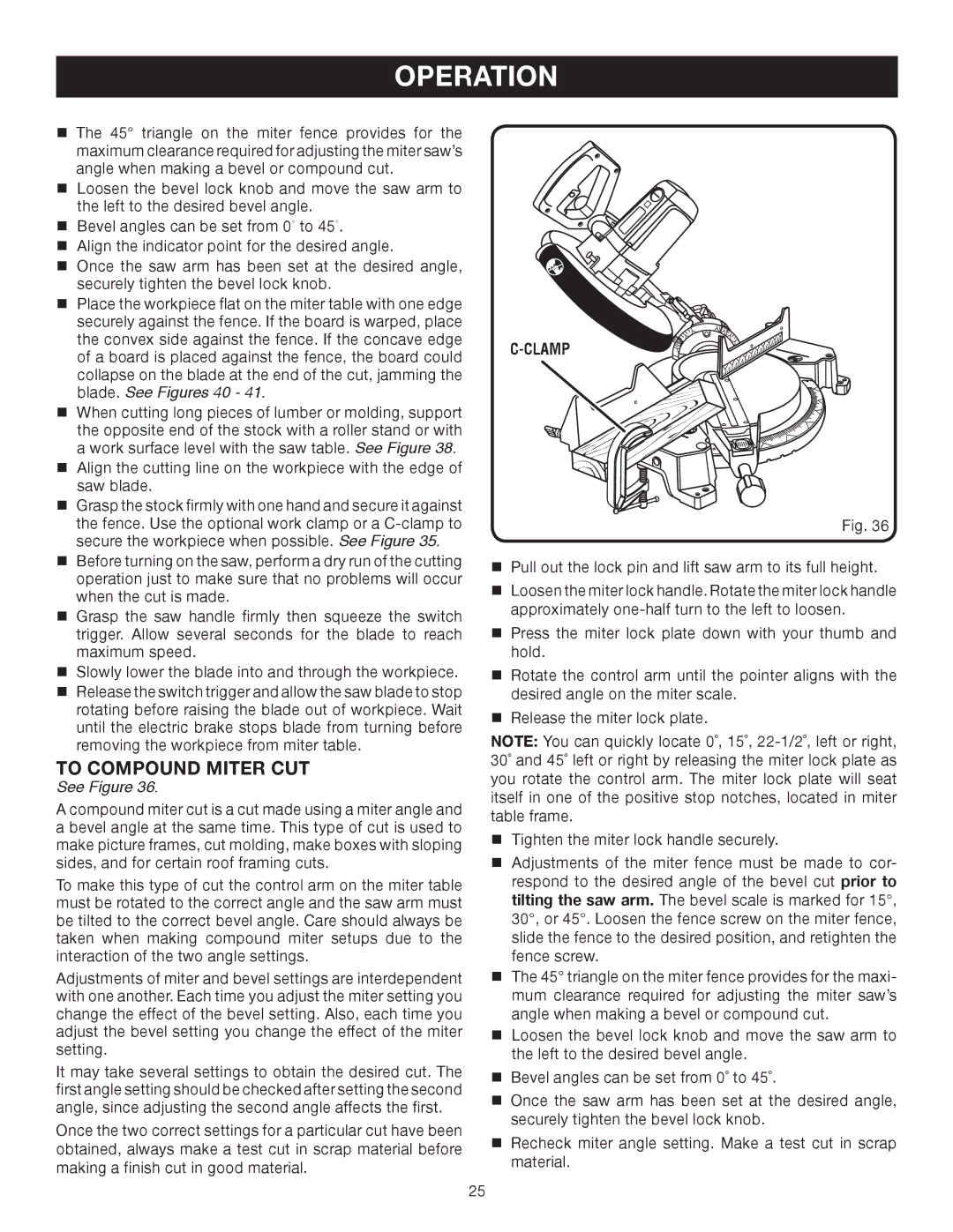 Ryobi TS1552DXL manual To Compound Miter CUT, See Figure 