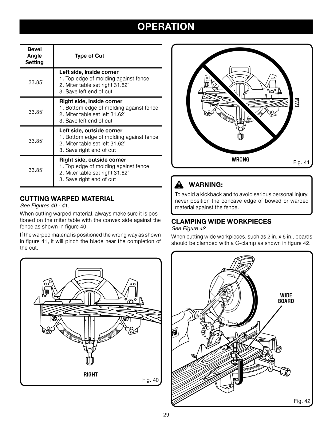 Ryobi TS1552DXL manual Cutting Warped Material, Clamping Wide Workpieces, See Figures 40, Wrong, Wide Board Right 