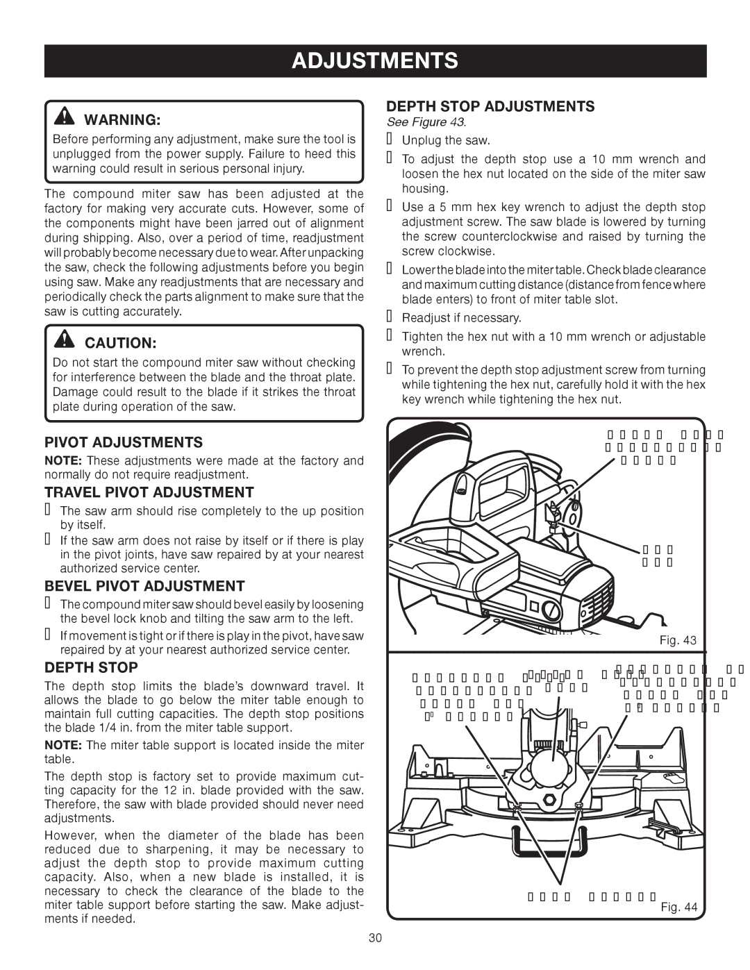 Ryobi TS1552DXL manual Pivot Adjustments Travel Pivot Adjustment, Bevel Pivot Adjustment, Depth Stop Adjustments 