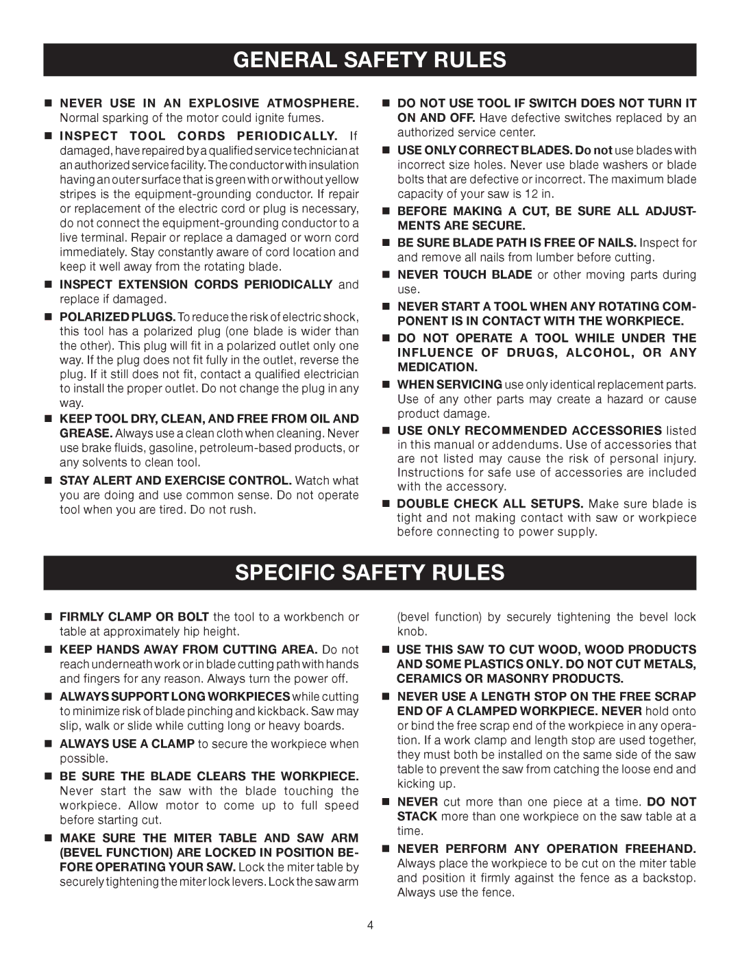 Ryobi TS1552DXL manual Specific Safety Rules 