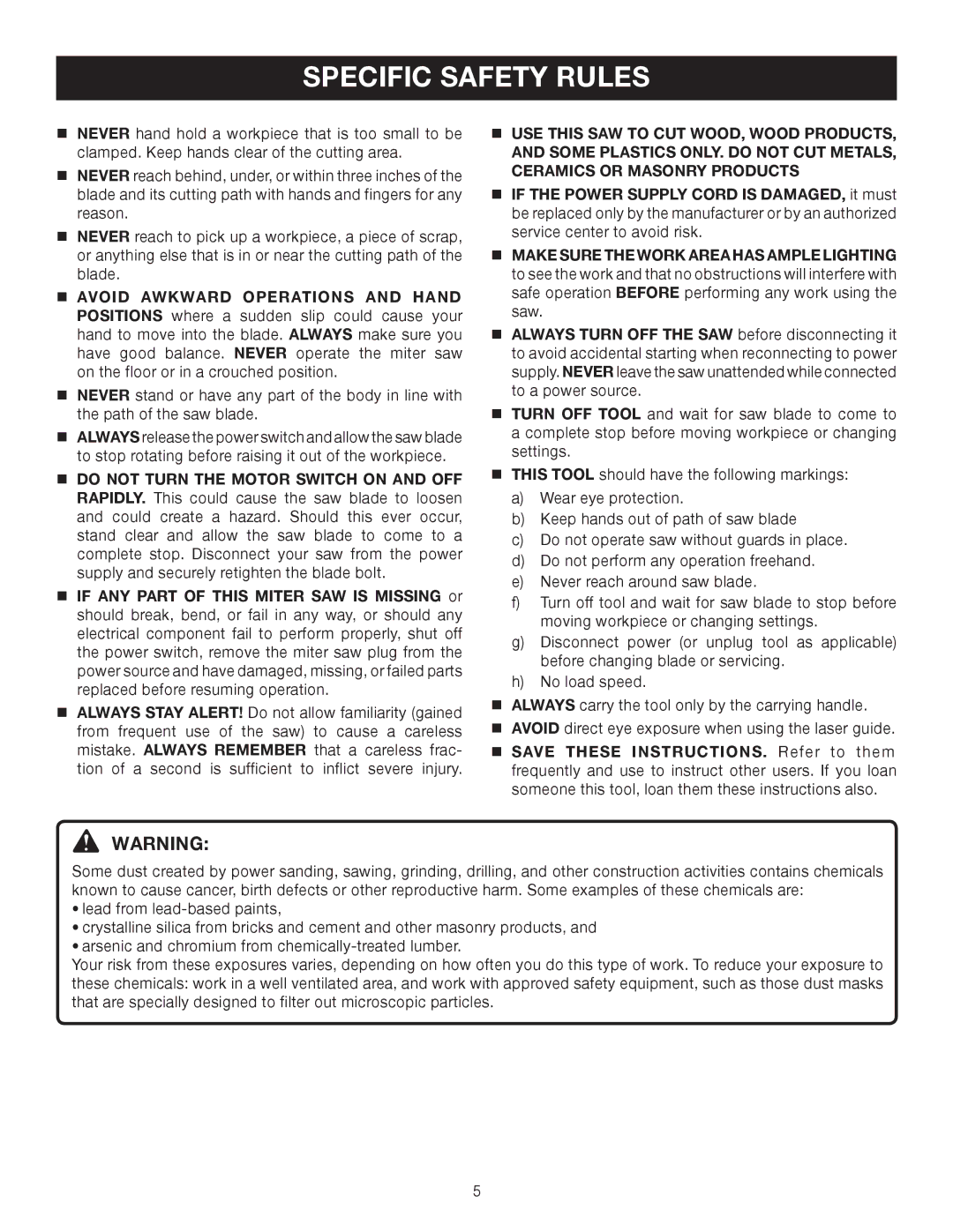 Ryobi TS1552DXL manual Specific Safety Rules 