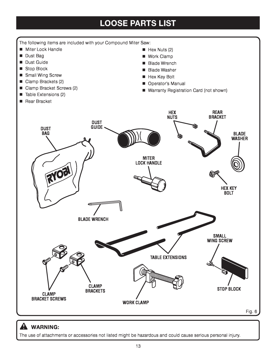 Ryobi TS1552DXL manual Loose Parts List 