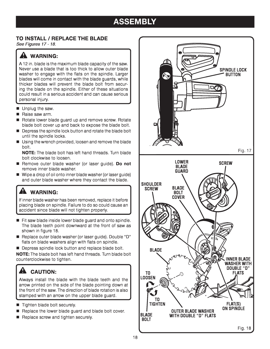 Ryobi TS1552DXL manual To Install / Replace The Blade, Assembly, See Figures 17 